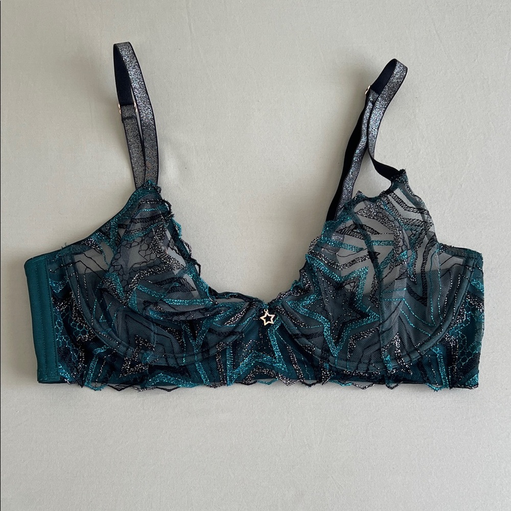 Savage X Fenty Starry Teal and Black Lace Bra